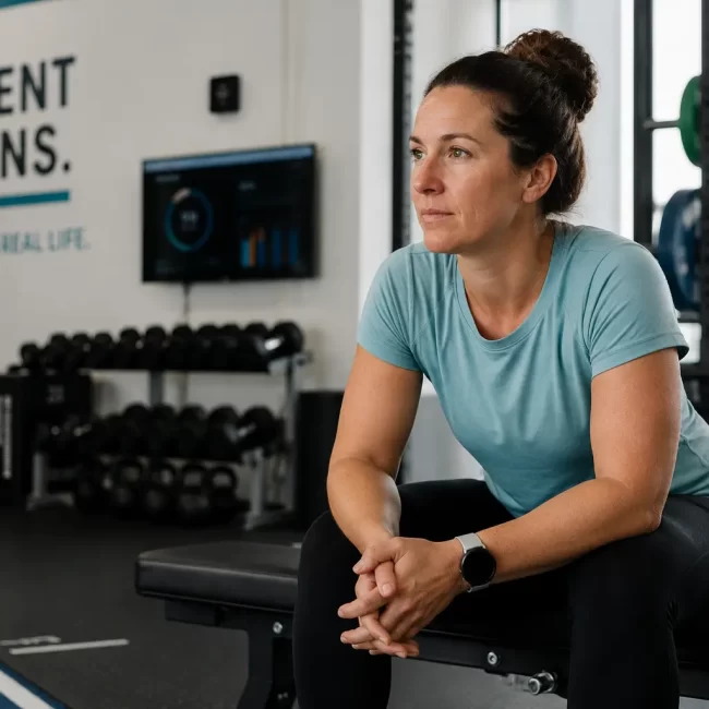 Australian woman sitting on a gym bench in a modern exercise physiology clinic before a strength training session in Lake Macquarie.
