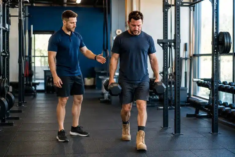 Returning to work after an injury can involve more than feeling comfortable during a few exercises. Work has physical demands. A builder may need to lift materials from the ground. A nurse may spend hours standing, walking and assisting patients. A warehouse worker might repeatedly lift, carry, push and pull. So when exercise forms part of workplace rehabilitation, it should have a purpose. A WorkCover Exercise Physiologist uses structured exercise to help build physical capacity towards the demands of work. That means looking beyond the injury itself and asking an important question: What does this person's body actually need to do at work? What Is WorkCover Exercise Physiology? WorkCover Exercise Physiology uses exercise and physical conditioning as part of workplace injury rehabilitation. An Accredited Exercise Physiologist can assess a person's current physical capacity and develop an exercise program around relevant rehabilitation and work goals. Depending on the person and their job, this may involve working on: Lifting capacity Carrying capacity Pushing and pulling Lower-body strength Upper-body strength Work tolerance Repeated movements General physical conditioning The program should reflect the individual rather than giving every worker the same exercises. Why Does Work Capacity Matter? Imagine someone can comfortably lift 5 kg in a clinic. That's useful information. But what if their job regularly requires them to handle much heavier equipment? Or what if they can lift something once, but their normal shift requires similar movements repeatedly throughout the day? There can be a gap between being able to perform an exercise and being physically prepared for work. A return-to-work exercise program can progressively work on that gap. Instead of asking only: “Can you do this exercise?” We can also ask: “How does this relate to what your job requires?” That changes how rehabilitation is planned. What Does a WorkCover Exercise Physiologist Assess? An assessment will vary depending on the worker, injury, current capacity and job. The Exercise Physiologist may discuss: Your work tasks What does a normal workday actually involve? This could include lifting, carrying, climbing, kneeling, reaching, walking or operating equipment. Current physical capacity The Exercise Physiologist may assess relevant movements and physical qualities to better understand the worker's starting point. Current exercise tolerance How much activity can currently be completed? How does the person respond to different exercises and workloads? Rehabilitation goals Returning to work is not always one big jump from “off work” to “full duties”. There may be smaller capacity goals along the way. Understanding those goals helps shape the exercise program. WorkCover Exercise Physiology Isn't Just General Gym Training Two people can perform the same squat and need it for completely different reasons. For one person, squatting might support general strength. For a tradie, it could be part of developing the leg and trunk capacity needed to repeatedly work closer to floor level. The exercise is only one piece. The reason behind the exercise matters. Workplace rehabilitation may involve gym exercises, but the program should connect those exercises to the physical demands that matter. What Might a WorkCover Exercise Program Include? There isn't one standard WorkCover program. Exercise selection depends on the individual and their job demands. However, a program may include movements such as: Squats and lower-body exercises These can build lower-body capacity for tasks involving standing, lifting, stairs or working at different heights. Deadlift variations A hinge or deadlift movement can be useful when gradually developing capacity for lifting objects from lower positions. Loaded carries Carrying dumbbells, kettlebells or other loads can help train grip, trunk and whole-body capacity. This can also resemble tasks performed by workers who regularly carry tools or materials. Pushing and pulling exercises Rows, presses, sled movements and cable exercises may be used depending on the physical requirements of the job. Conditioning Some jobs require physical effort for hours rather than a few minutes. Cardiovascular and muscular conditioning can therefore be relevant when gradually developing work tolerance. Why Progressive Loading Matters You wouldn't prepare for a 20-kilometre run by running 20 kilometres on your first day. Work capacity can be approached in a similar way. The body can be exposed to appropriate physical demands and those demands can gradually change over time. For example, a lifting exercise might progress through: Learning the movement Building consistency Increasing resistance Increasing repetitions Changing the lifting height Adding carrying or movement Making the task more relevant to work Not every person will follow this exact progression. The point is that rehabilitation can have a structure. What Is Work-Specific Strength Training? Work-specific strength training doesn't mean turning the gym into a construction site, hospital or warehouse. It means understanding the physical qualities the job requires and training those qualities appropriately. Take a worker who regularly carries equipment. Their program might involve grip strength, loaded carries, lower-body strength and conditioning. Someone who repeatedly works overhead may require a different program. A worker who spends much of the day walking and climbing stairs will have different demands again. This is why understanding the job matters. How Coastline Uses Strength and Conditioning in WorkCover Rehabilitation At Coastline Performance and Health, we are Exercise Physiologists and Strength and Conditioning Coaches. We use strength and conditioning principles within rehabilitation because work itself can be physically demanding. That means exercise may progressively involve meaningful resistance and more challenging movements when appropriate. We aren't trying to make rehabilitation hard simply for the sake of it. We want the training demand to make sense for the person and what they're working towards. Using Data to Understand Physical Capacity Progress isn't always obvious from watching someone exercise. Where appropriate, Coastline uses VALD Technology, including ForceDecks and DynaMo Plus, as part of our assessment process. These tools can provide objective information about areas of physical capacity. That data can sit alongside other information, including: The worker's goals Exercise performance Work demands Current tolerance Clinical assessment Technology doesn't replace the person in front of us. It gives us another piece of information when making exercise decisions. Who Can Be Involved in a Return-to-Work Program? Workplace rehabilitation can involve several people. Depending on the situation, this may include the worker, treating practitioners, employer, insurer, rehabilitation provider and other relevant professionals. The Exercise Physiologist's role is focused on exercise and physical capacity. Clear communication can help keep the exercise program connected to the broader rehabilitation and return-to-work plan. Exercise Physiology for Tradies and Manual Workers Physical jobs deserve physical preparation. Tradies and manual workers may need to repeatedly: Lift from the ground Carry equipment Push and pull Climb Work overhead Kneel or squat Stay physically active for long periods A few isolated exercises may not reflect all of those demands. A structured workplace injury rehabilitation program can progressively develop relevant strength and conditioning based on the person's role and current capacity. Frequently Asked Questions What does an Exercise Physiologist do for WorkCover? An Exercise Physiologist can assess physical capacity and prescribe structured exercise around relevant rehabilitation and work goals. The exact program depends on the worker, their current capacity and the demands of their job. Is WorkCover Exercise Physiology just gym training? No. Gym-based strength and conditioning may form part of the program, but exercises are selected and progressed around individual rehabilitation and work goals. Can Exercise Physiology help prepare someone for manual work? Exercise programs can be designed around physical qualities required for manual work, such as lifting, carrying, pushing, pulling and general conditioning. How long does a WorkCover Exercise Physiology program take? There isn't one timeframe that applies to everyone. Program length depends on factors such as current capacity, rehabilitation goals, work requirements and the individual WorkCover plan. Does WorkCover cover Exercise Physiology? Exercise Physiology may be included in eligible WorkCover rehabilitation plans. Approval and referral requirements can vary, so these should be confirmed for the individual claim. What's the difference between general exercise and work-specific rehabilitation? General exercise focuses broadly on fitness and health. Work-specific rehabilitation considers the physical demands someone needs for their job and uses those demands to help guide exercise selection and progression. Building Capacity for the Job, Not Just the Gym A successful gym session isn't the final destination. For someone participating in workplace rehabilitation, the bigger goal may be getting back to carrying tools, working on their feet, climbing stairs, handling equipment or completing other meaningful work tasks. That's why we look beyond individual exercises. We want to understand the person, understand the job and progressively build the physical capacity relevant to both. If you're looking for a WorkCover Exercise Physiologist in Newcastle, Lake Macquarie or Port Stephens, Coastline Performance and Health provides individual Exercise Physiology and workplace rehabilitation support from our Glendale and Williamtown clinics. Coastline Performance and Health provides WorkCover Exercise Physiology, workplace injury rehabilitation, Exercise Physiology and Strength and Conditioning across Newcastle, Lake Macquarie, Glendale, Williamtown and Port Stephens.